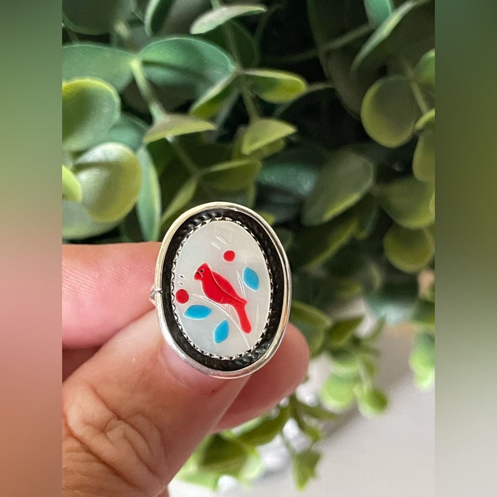 Vintage Zuni Turquoise coral multi stone Sterling Silver red bird inlay ring